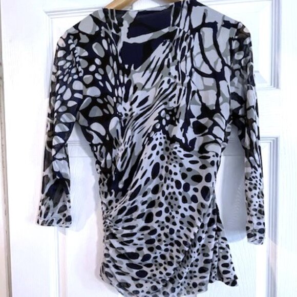 Blue, Gray and White Print Surplice Top - Picture 2 of 5